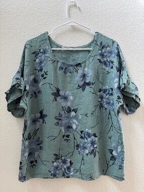 Elena Baldi 100% Linen Top Womens Medium Green Floral Italy Ruffle Sleeve